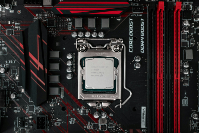 Overhead view of Intel CPU on gaming motherboard