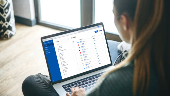 Woman viewing password manager vault on laptop