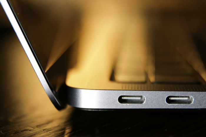 Close up of USB C ports on a modern laptop