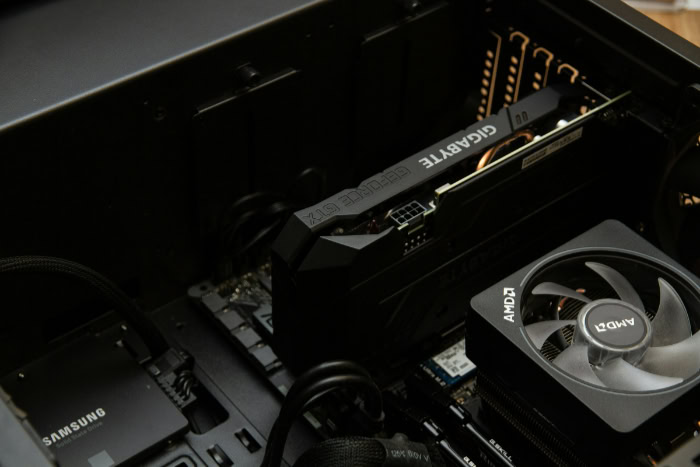 Close up of gaming PC with Nvidia and AMD components