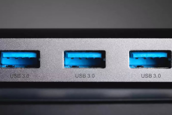 Closeup of blue USB 3.0 ports on device