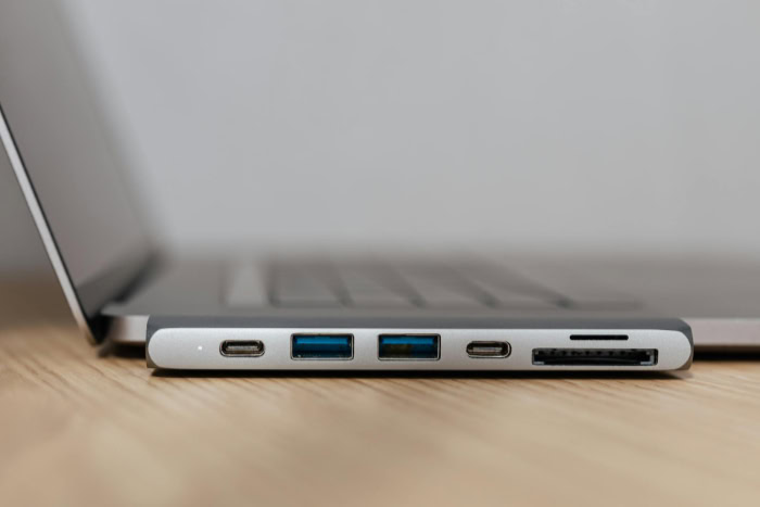 Laptop with USB 3.0 and USB C ports closeup